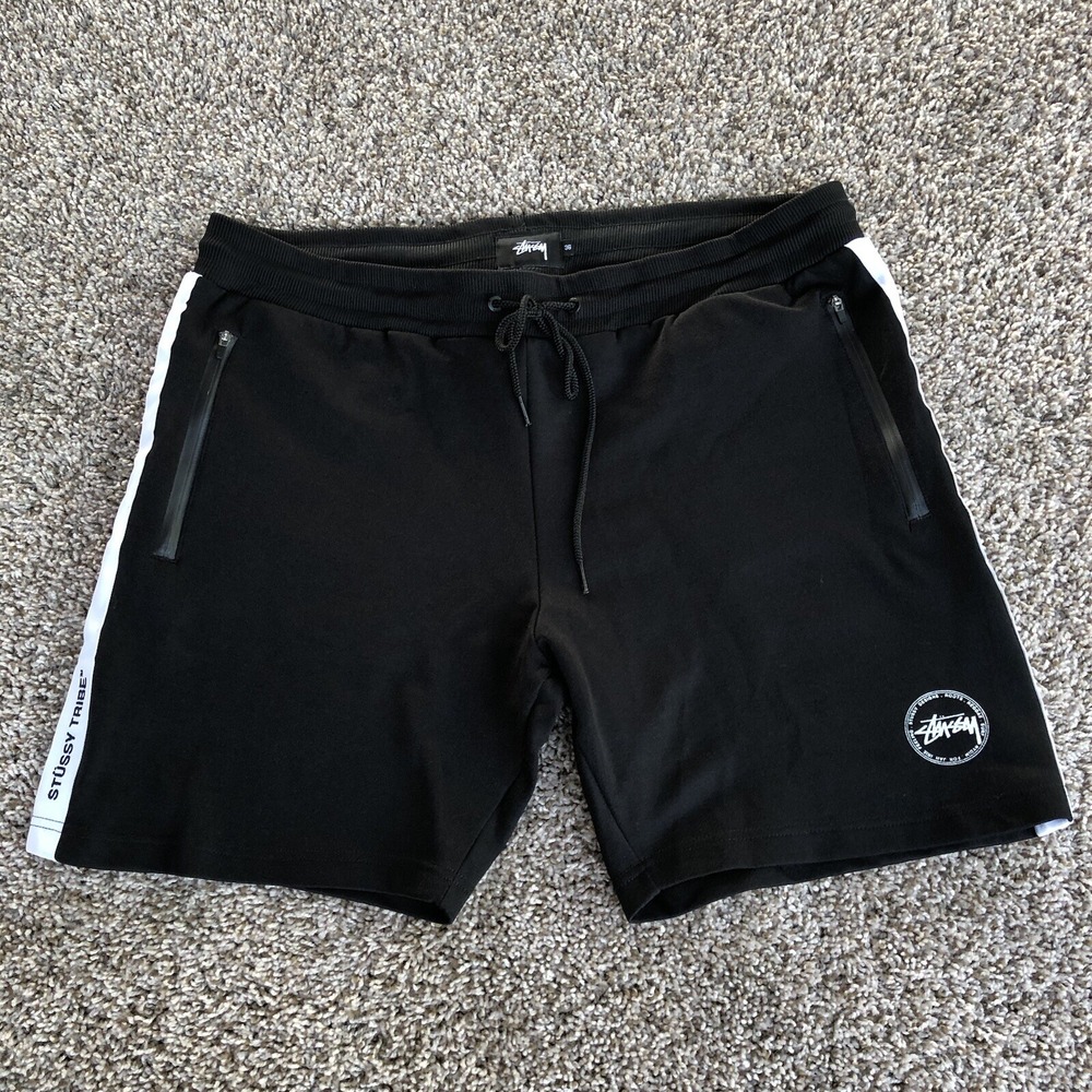 Stussy Tribe Shorts Men Size 36 Black Cotton Poly Blend White Trim Skate Y2K EUC